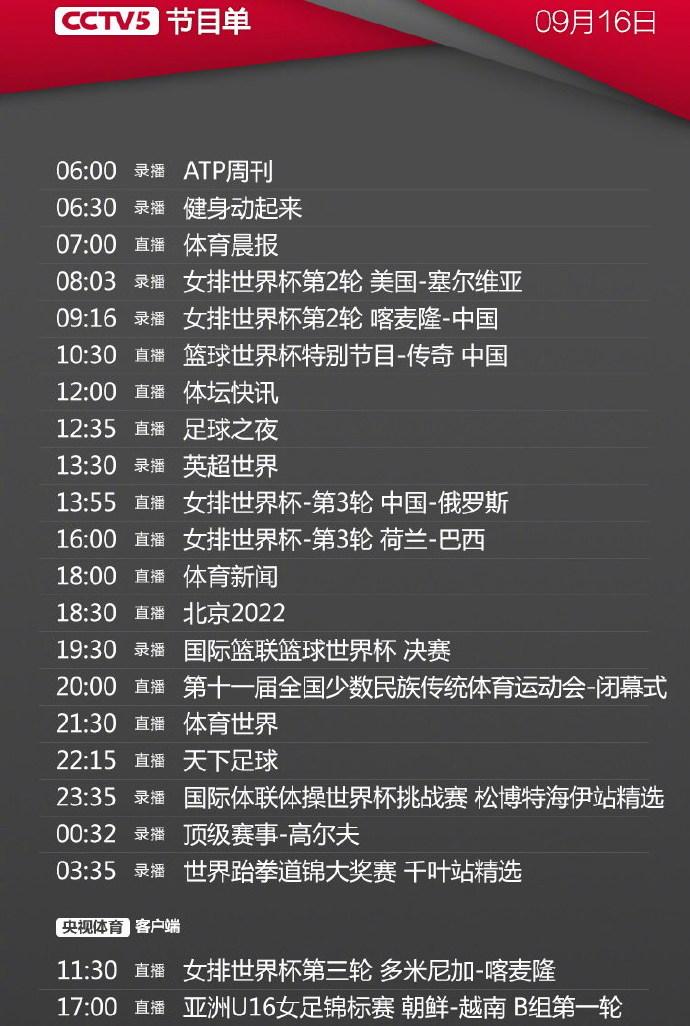 中央CCTV-5节目表概览